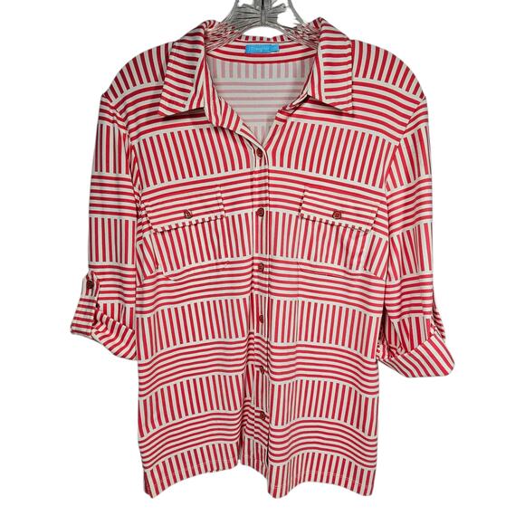 J. McLaughlin Brynn Catalina Cloth Button-Down Red White Geometric Stripe Size M - Picture 1 of 10